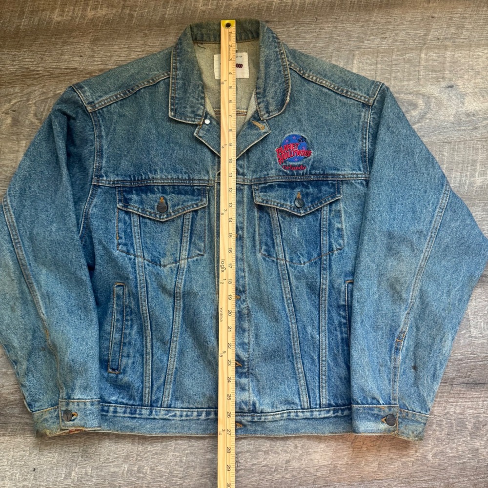 Planet Hollywood Orlando Denim Trucker Jacket L Distressed Blue Embroidered Back - Picture 2 of 10